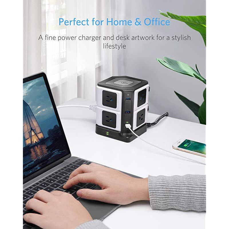 1500 Joules Surge Protector with Wireless Charger 8Outlet Power Strip Tower with 40W 6Port USB Charging Station6 Feet Extension CordETL Listed