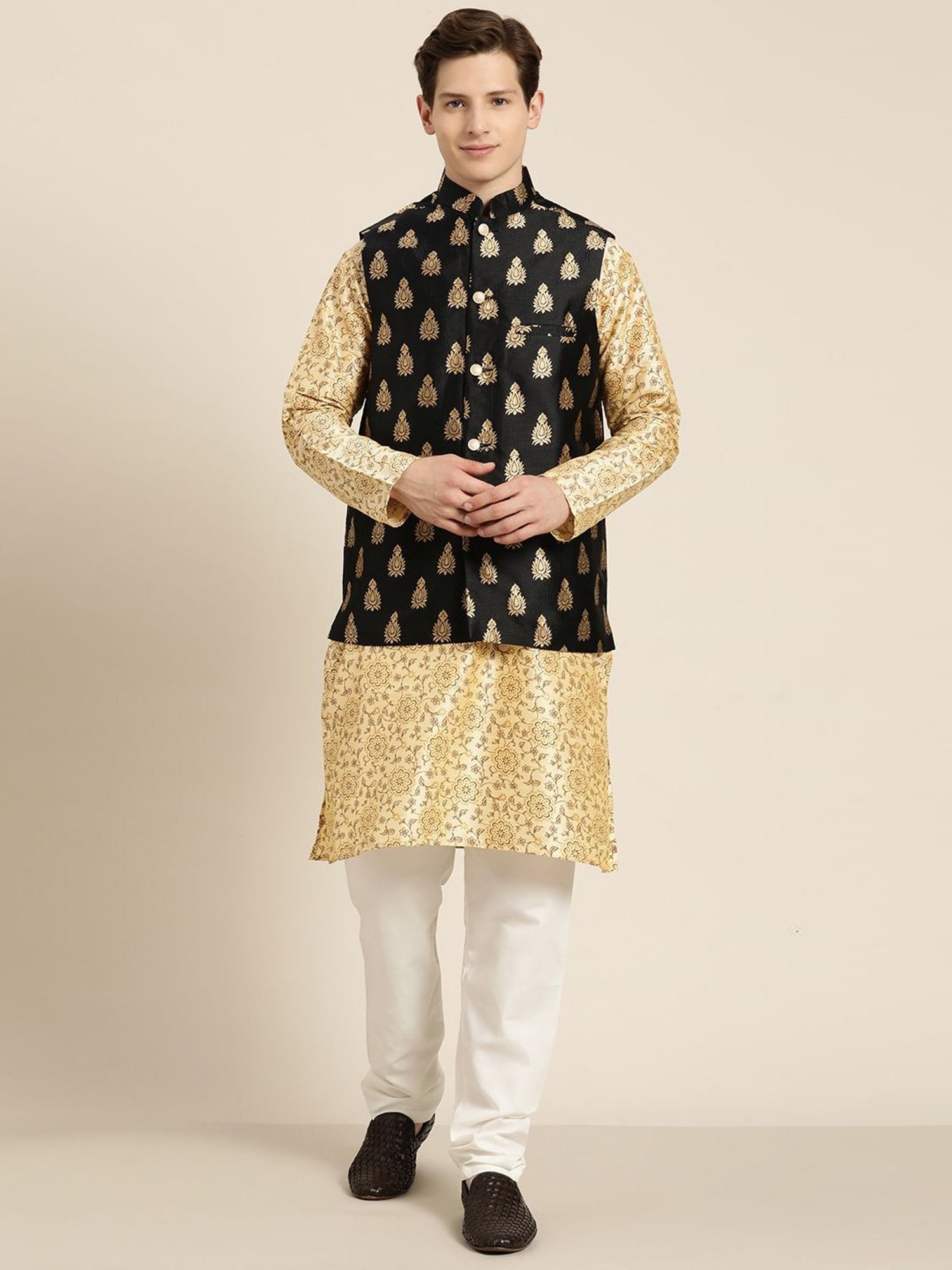 Sojanya Beige & Black Regular Fit Printed Kurta Set With Jacket
