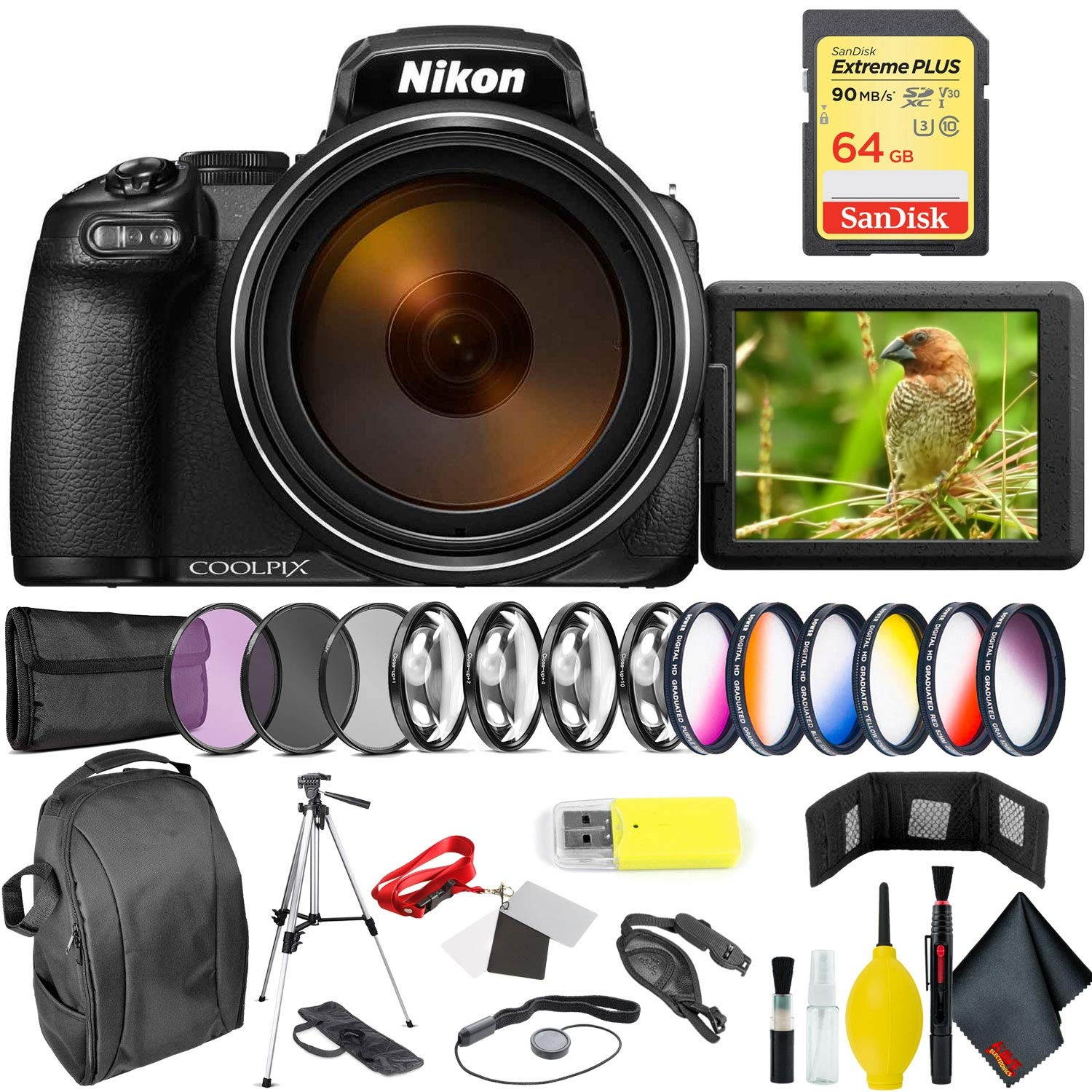 Nikon COOLPIX P1000 Digital Camera + 64GB Sandisk Extreme Memory Card Professional Kit Intl Model