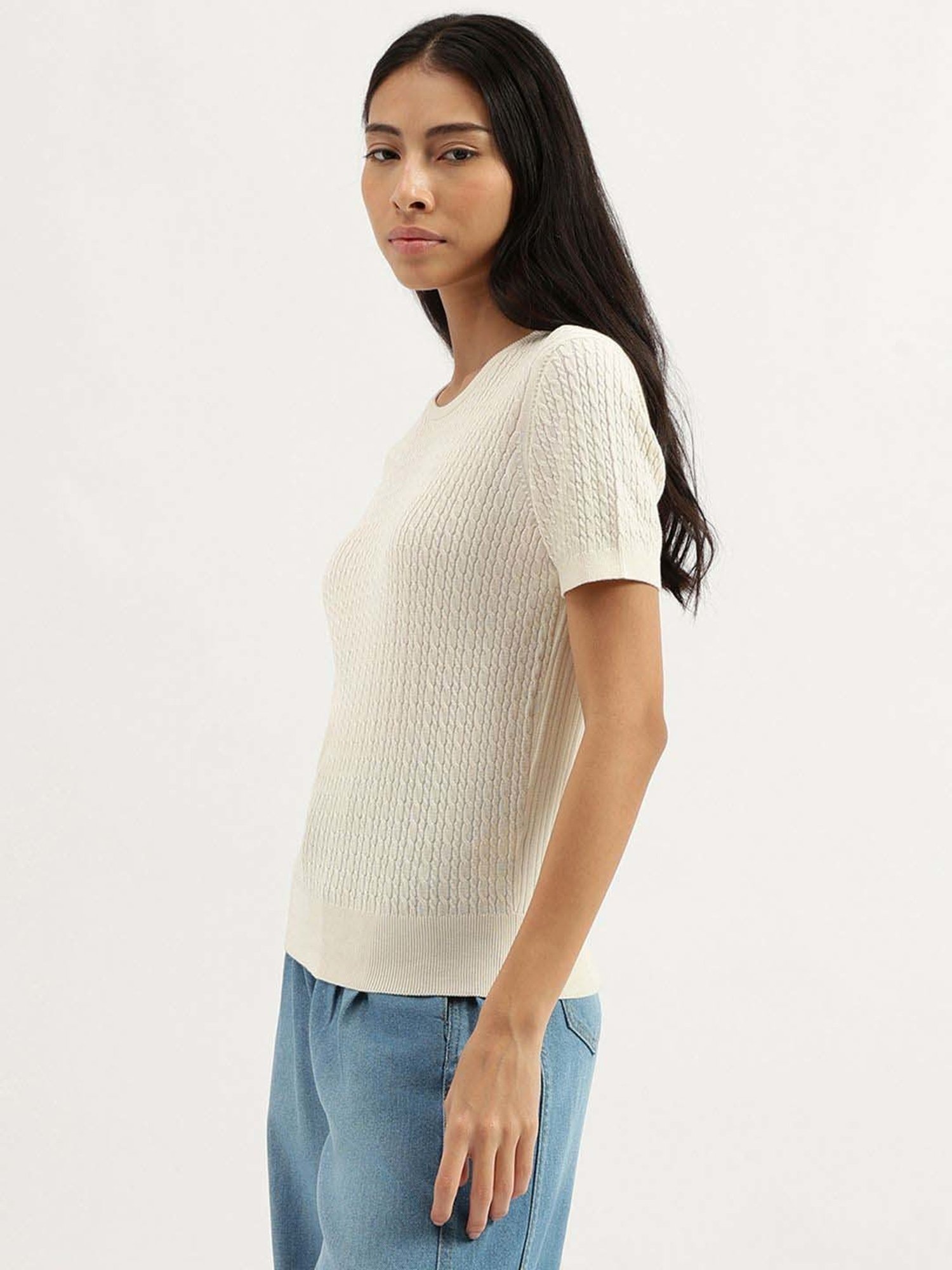 United Colors of Benetton Off White Cotton Self Pattern Top