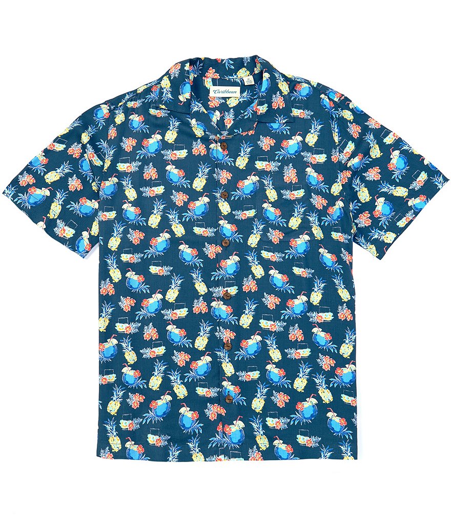 Caribbean Big & Tall Teal Short-Sleeve Woven Camp Shirt