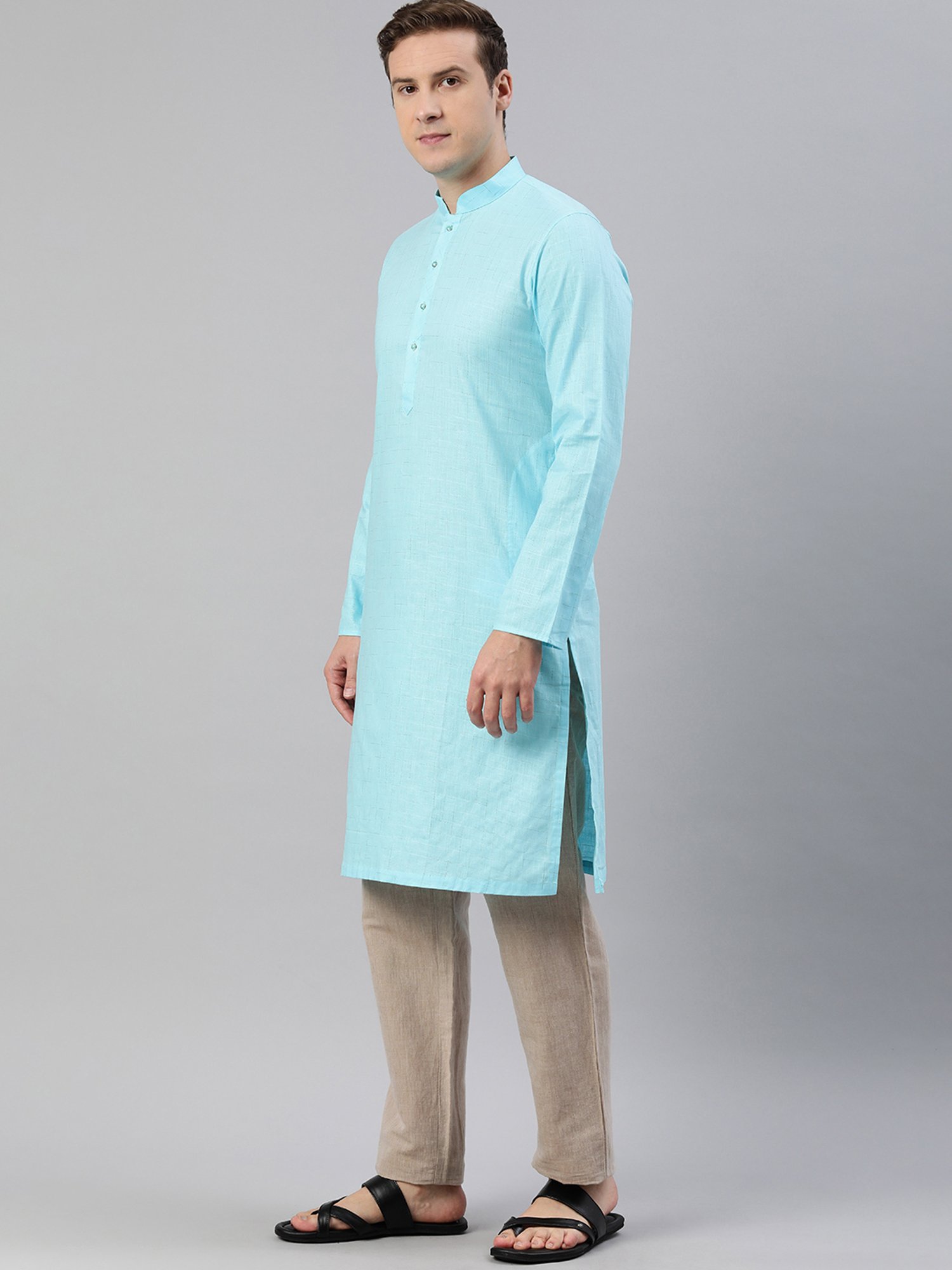 Manthan Sky Blue Regular Fit Self Design Kurta