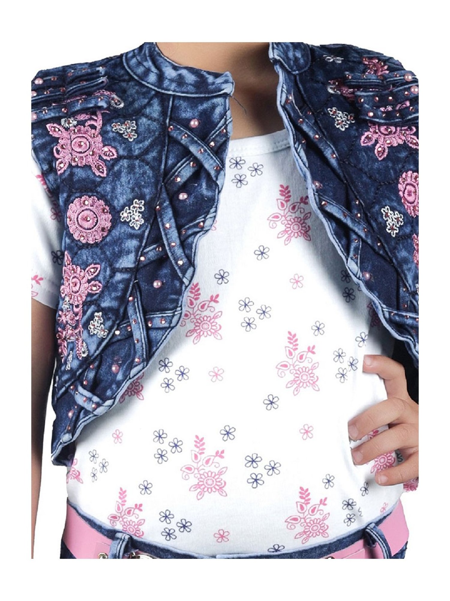 Ahhaaaa Kids White & Blue Printed Top, Jeans, Jacket with Belt