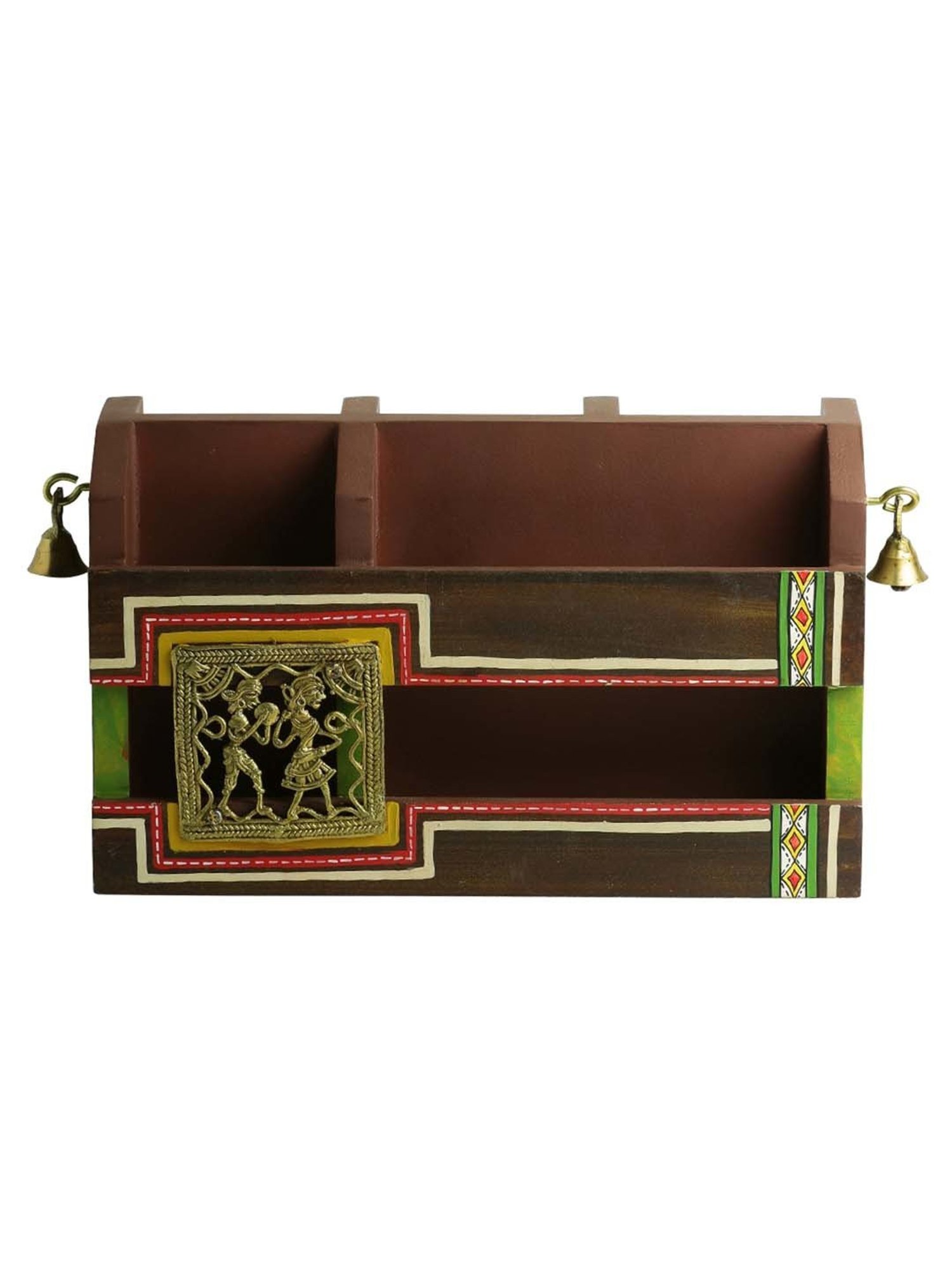 ExclusiveLane 'Dhokr-A-Rrange' Brown Pinewood Table Organiser With Brass Figurines - Set of 1