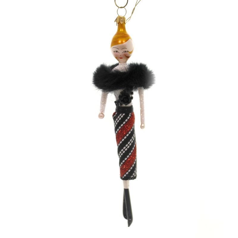 Italian Ornaments 7.0" Lady In Black Fur Stole Ornament Italian Mid Year 2018  -  Tree Ornaments