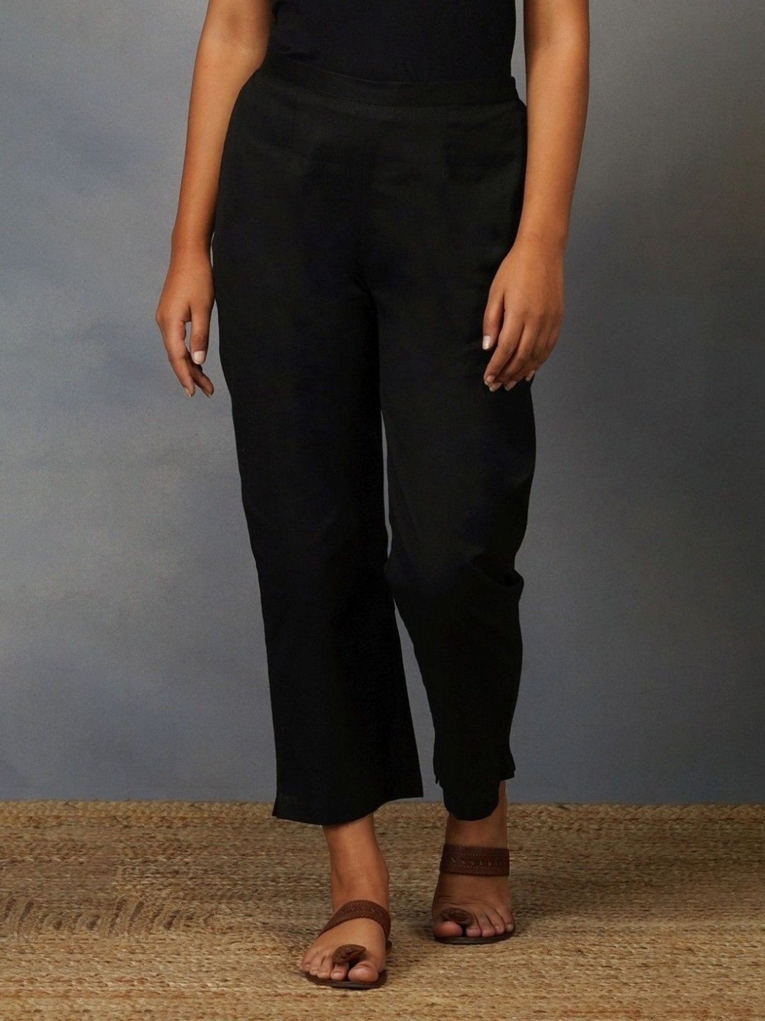Akiso Bakhair Black Cotton Flex Straight Pants