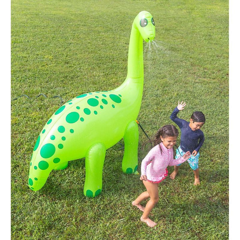 HearthSong - Kids Gigantic 7'H Inflatable Green Dinosaur Sprinkler for Outdoor Active Water Play