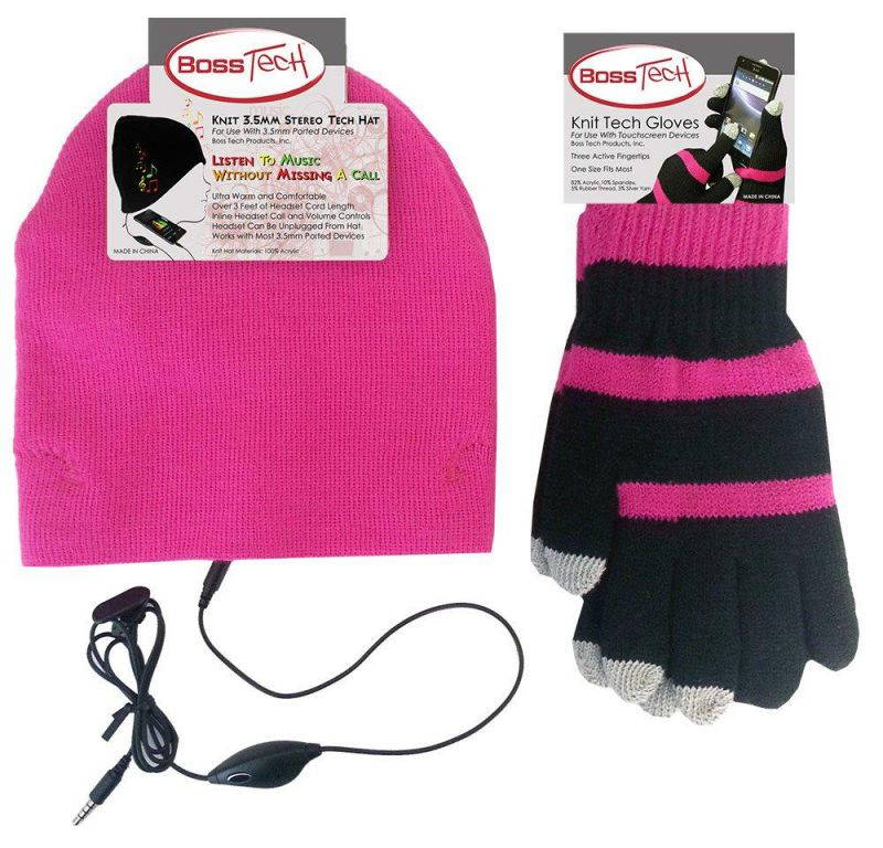 COMBO PACK: Boss Tech Products, Inc. Pink Beanie Stereo Tech Knit Hat with Built-In Handsfree and a Pair of Boss Tech Products Black and Pink Knit Touchscreen Gloves with Conductive Fingertips