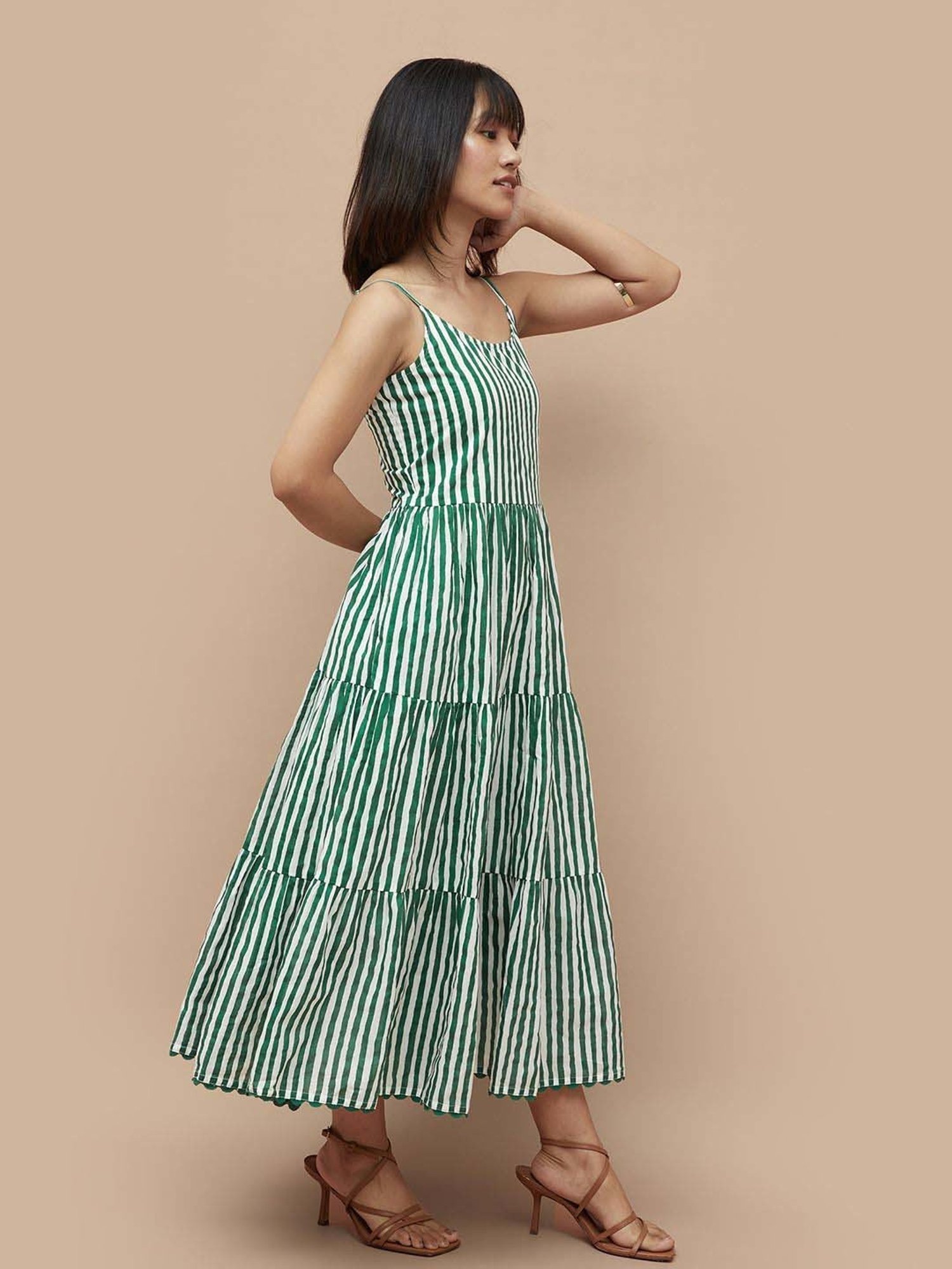 Colour Me by Melange Green & White Cotton Striped A-Line Dress