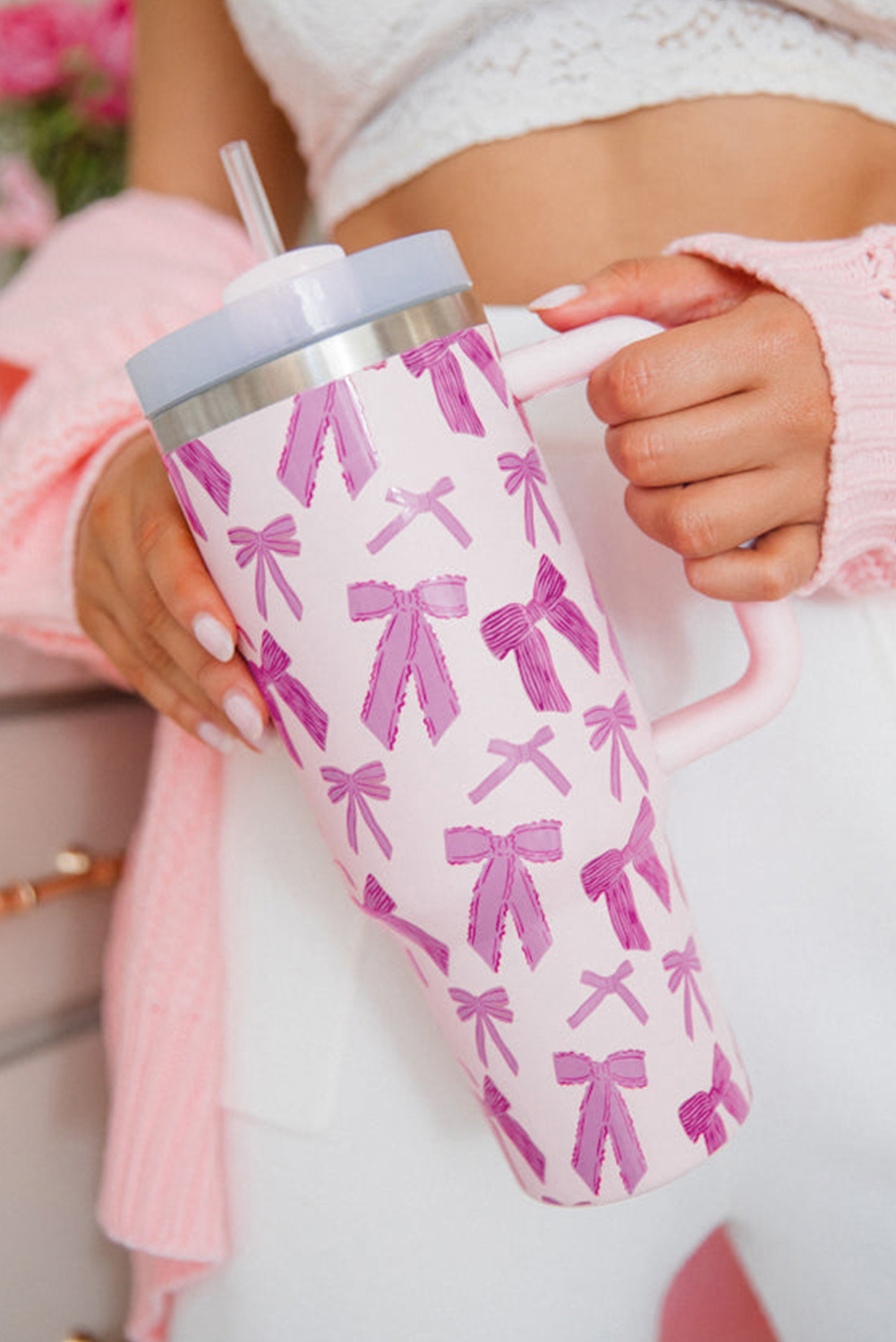 Pink Checkered Print Handled Stainless Steel Tumbler Cup