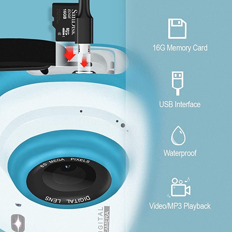 Camera 6X Digital Zoom 8MP HD Cameras Mini Child Camcorder with 2inch LCD Display Video Recorder Playback for Party Outdoor Swimming USB Powered 16G Memory Card Included