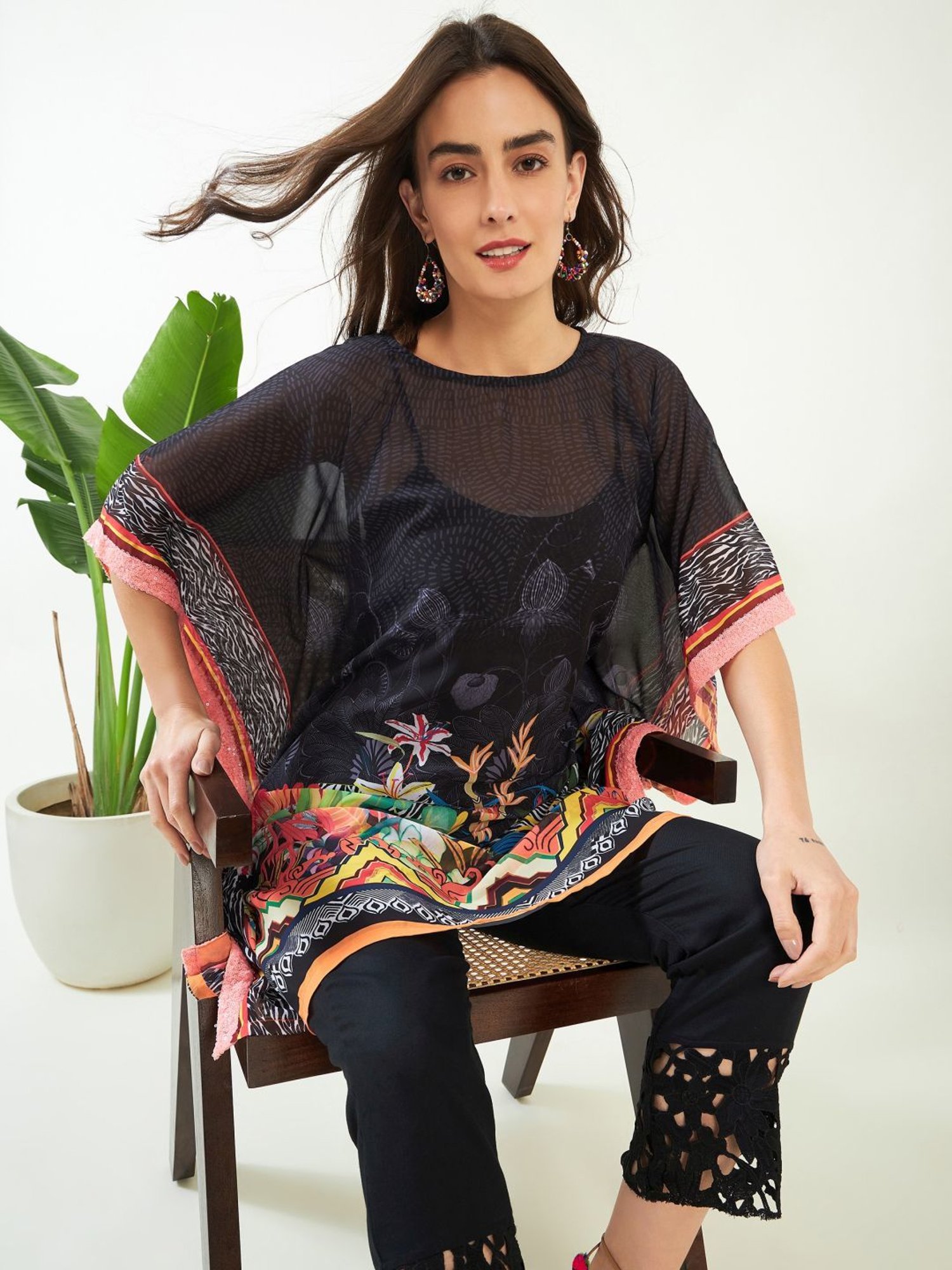 The Kaftan Company Black Printed A Line Kaftan