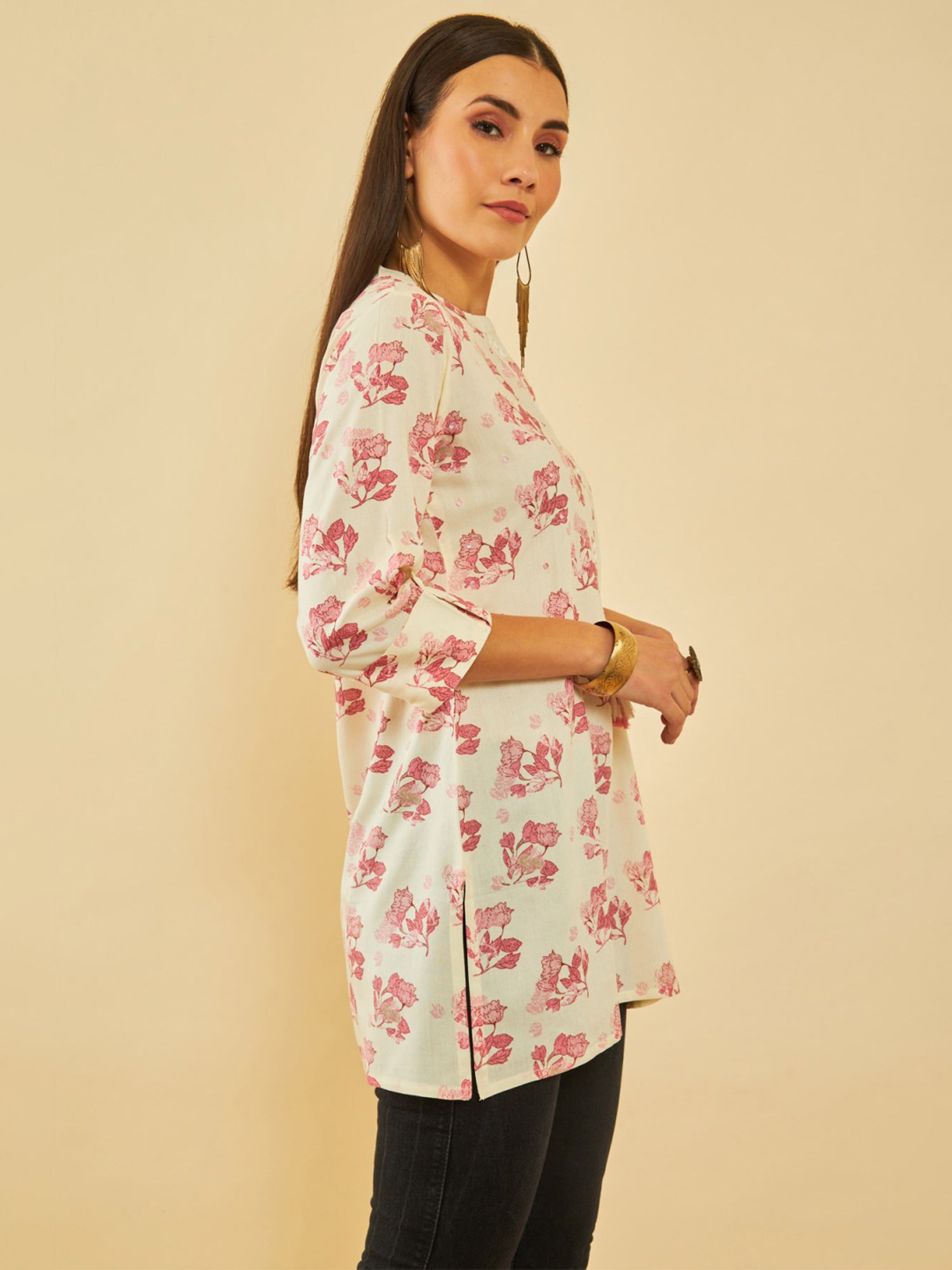 Soch Off White Rayon Floral Printed Tunic With Faux Mirror