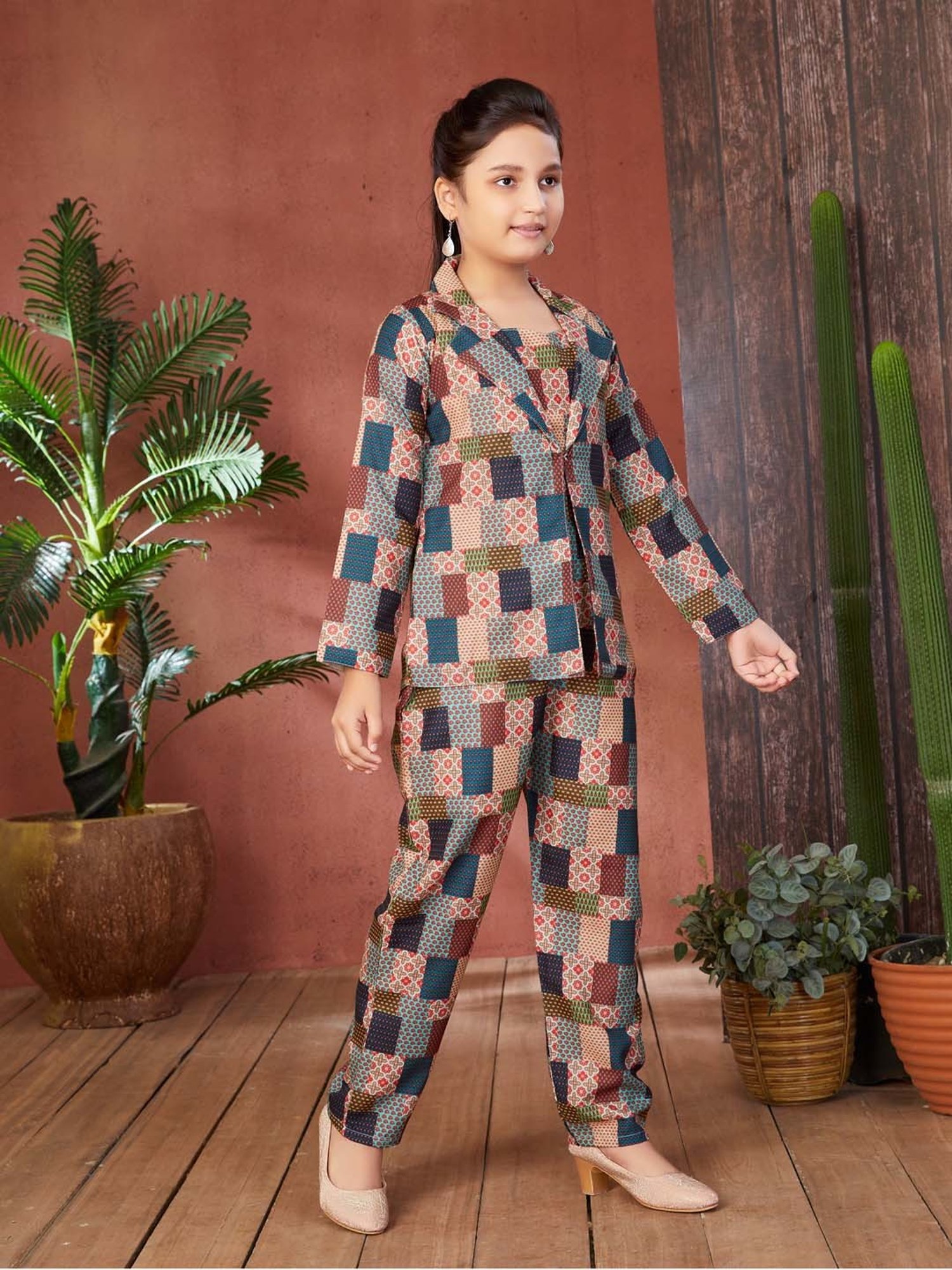 Aarika Girls Multicolor Printed Full Sleeves Crop Top, Pants with Coat