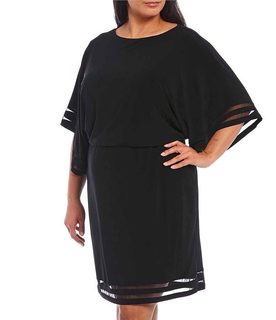Jessica Howard Plus Size Jewel Neck Dolman 3/4 Sleeve Illusion Band Blouson Dress
