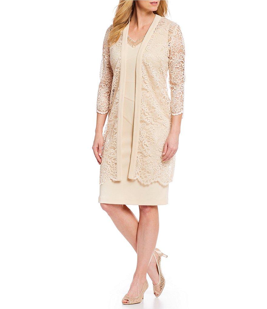 Le Bos V-Neck 3/4 Sleeve 2-Piece Lace Jacket Stretch Dress