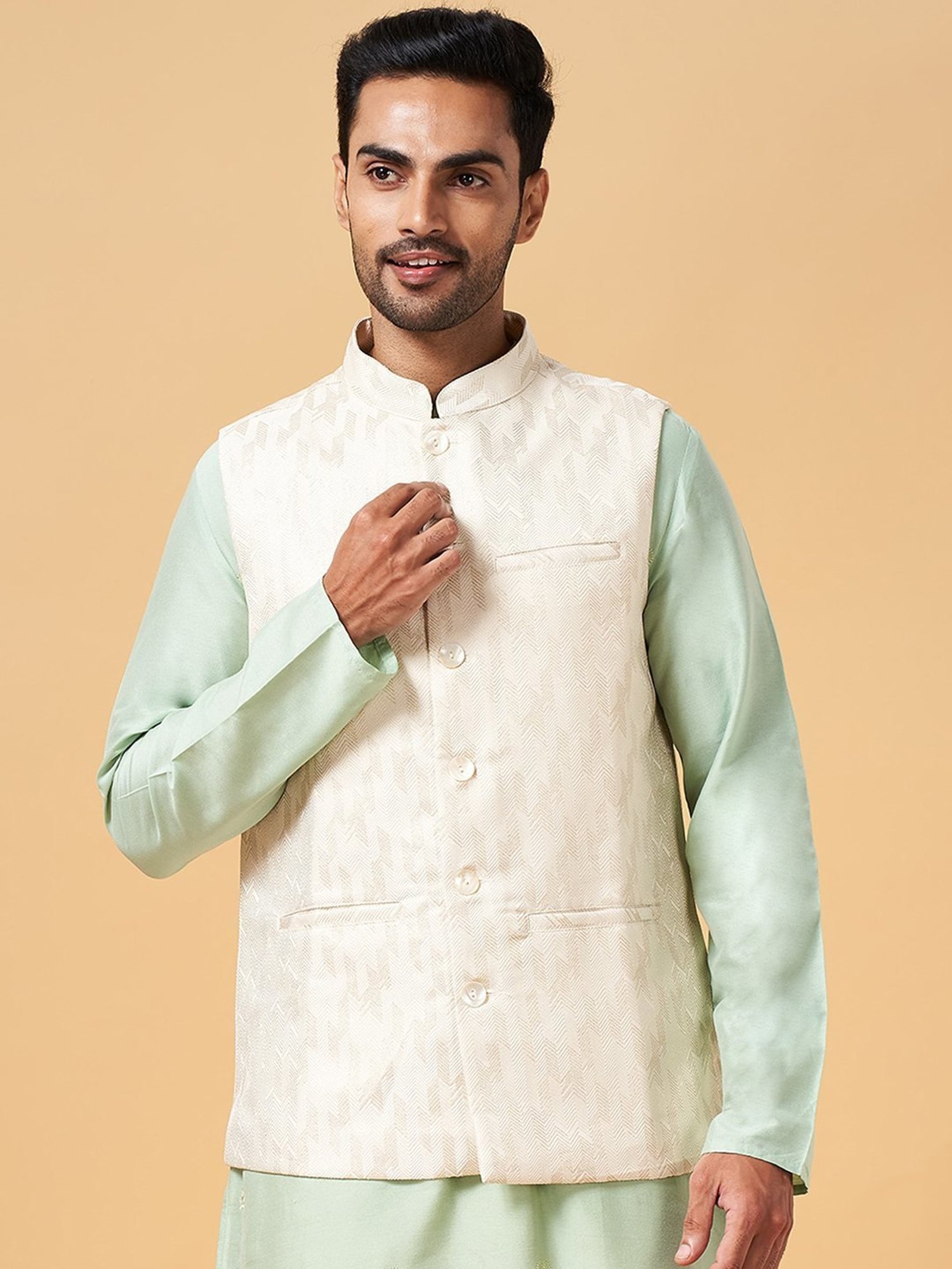 Indus Route by Pantaloons Off White Regular Fit Self Pattern Nehru Jacket