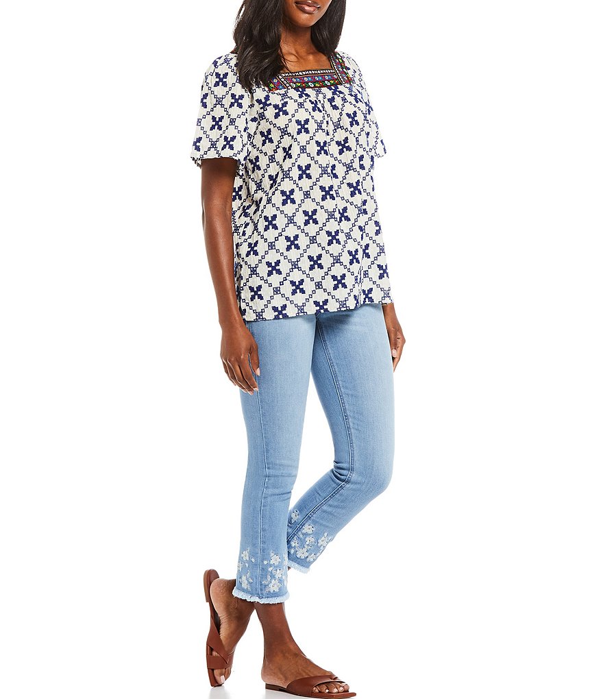 Tru Luxe Jeans Embroidered Square Neck Flutter Sleeve Top