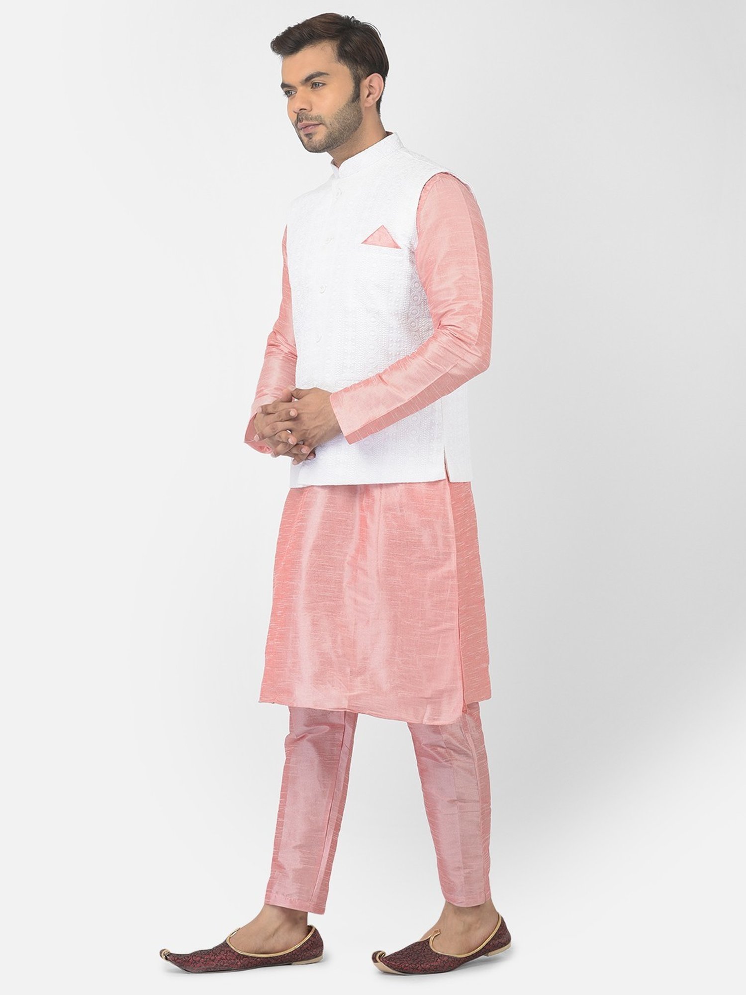 Deyann Pink & White Regular Fit Embroidered Kurta Set With Jacket