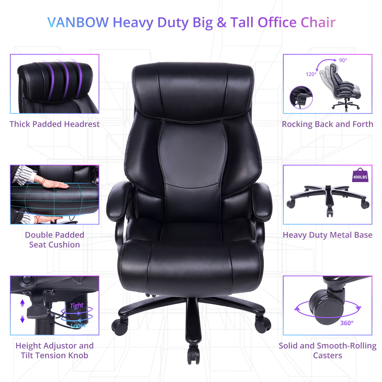 VANBOW  Big and Tall 400lb Executive Office Chair High Back Leather Heavy Duty Desk Computer Task Swivel Chairs with Adjustable Tilt Angle, Thick Padding and Ergonomic Design Lumbar Support, Brown
