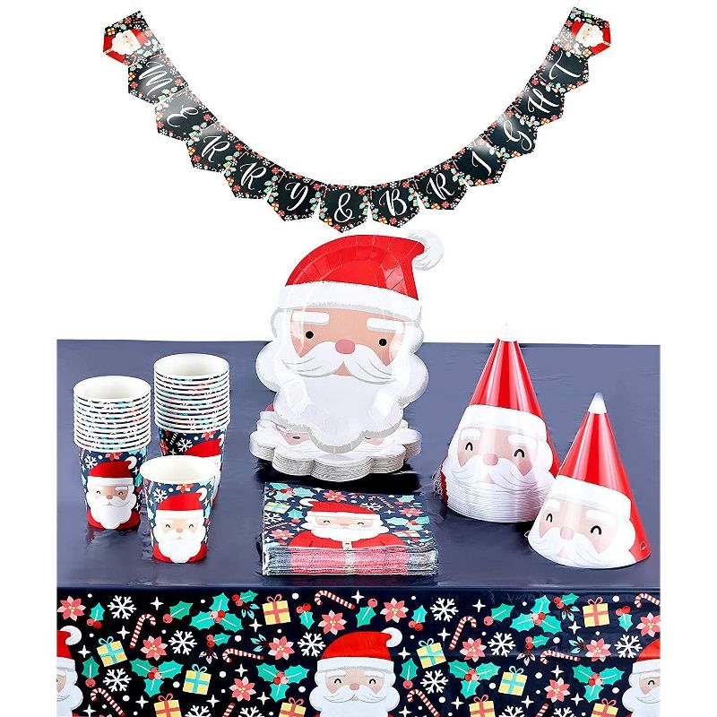 Blue Panda 99 Piece Christmas Santa Disposable Party Supplies Serves 24 - Hat, Tablecloth, Banner, Napkin, Cup & Cutlery