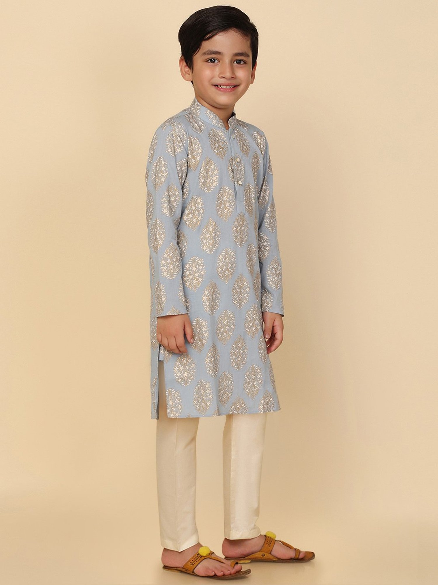 VASTRAMAY Boys Yellow & White Cotton Printed Full Sleeves Kurta Sets