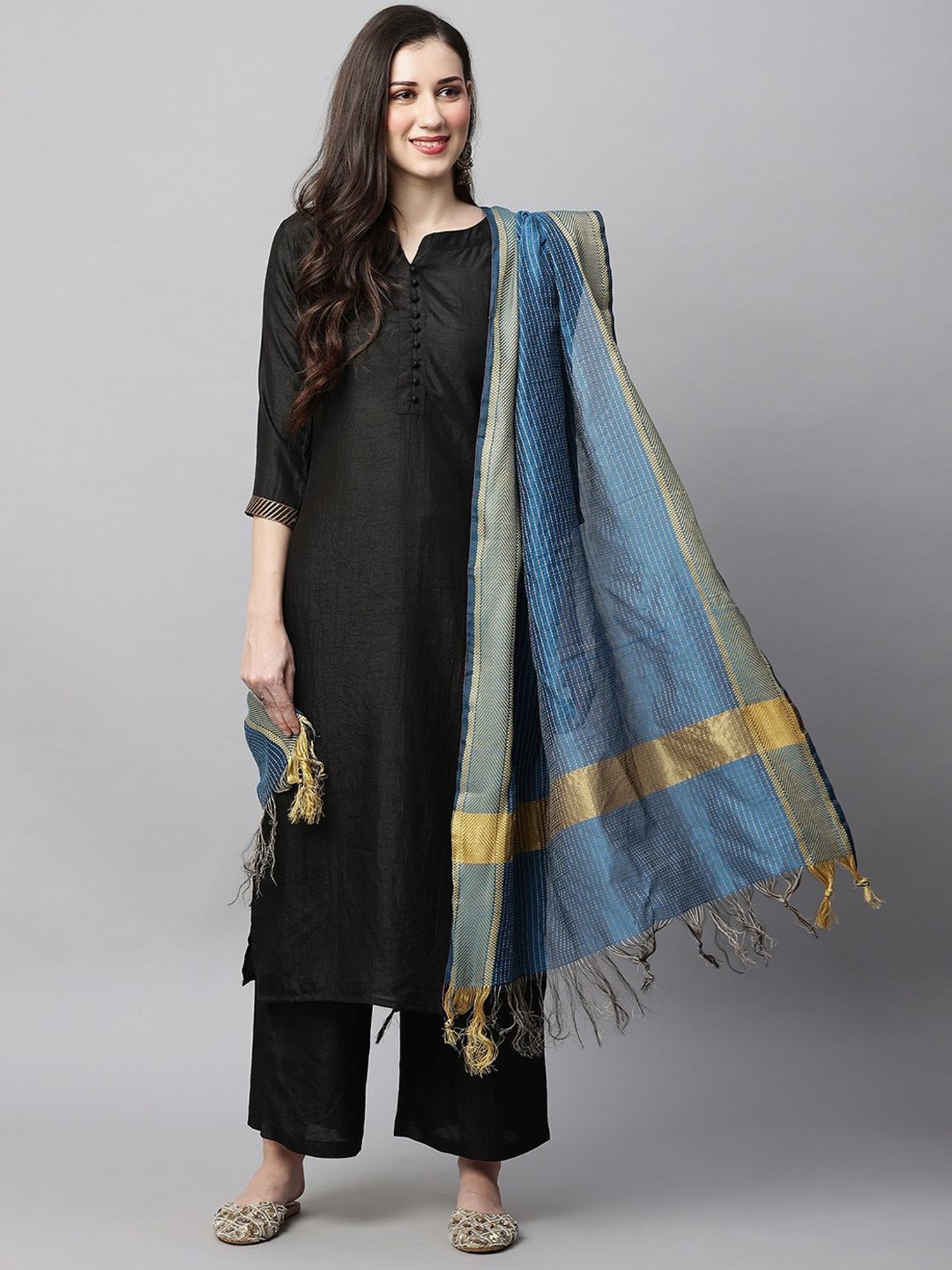 Indo Era Blue & Golden Woven Pattern Dupatta