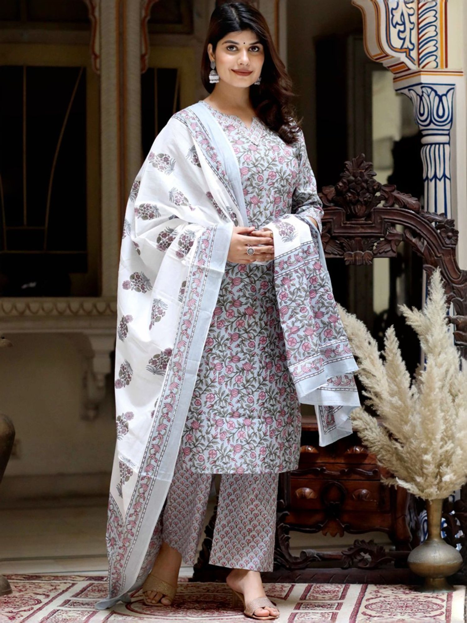 Miravan Blue Cotton Floral Print Kurta Palazzo Set With Dupatta