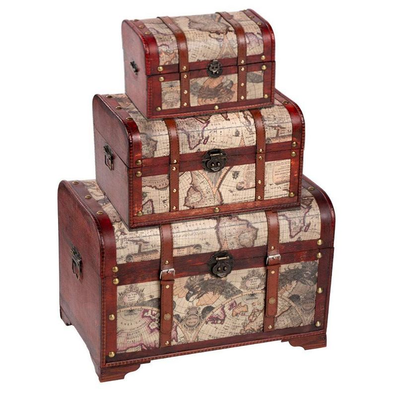 Juvale 3-Piece Wooden Treasure Chest, Antique Victorian Map Pattern Keepsake Box Storage Trunk, Assorted Sizes
