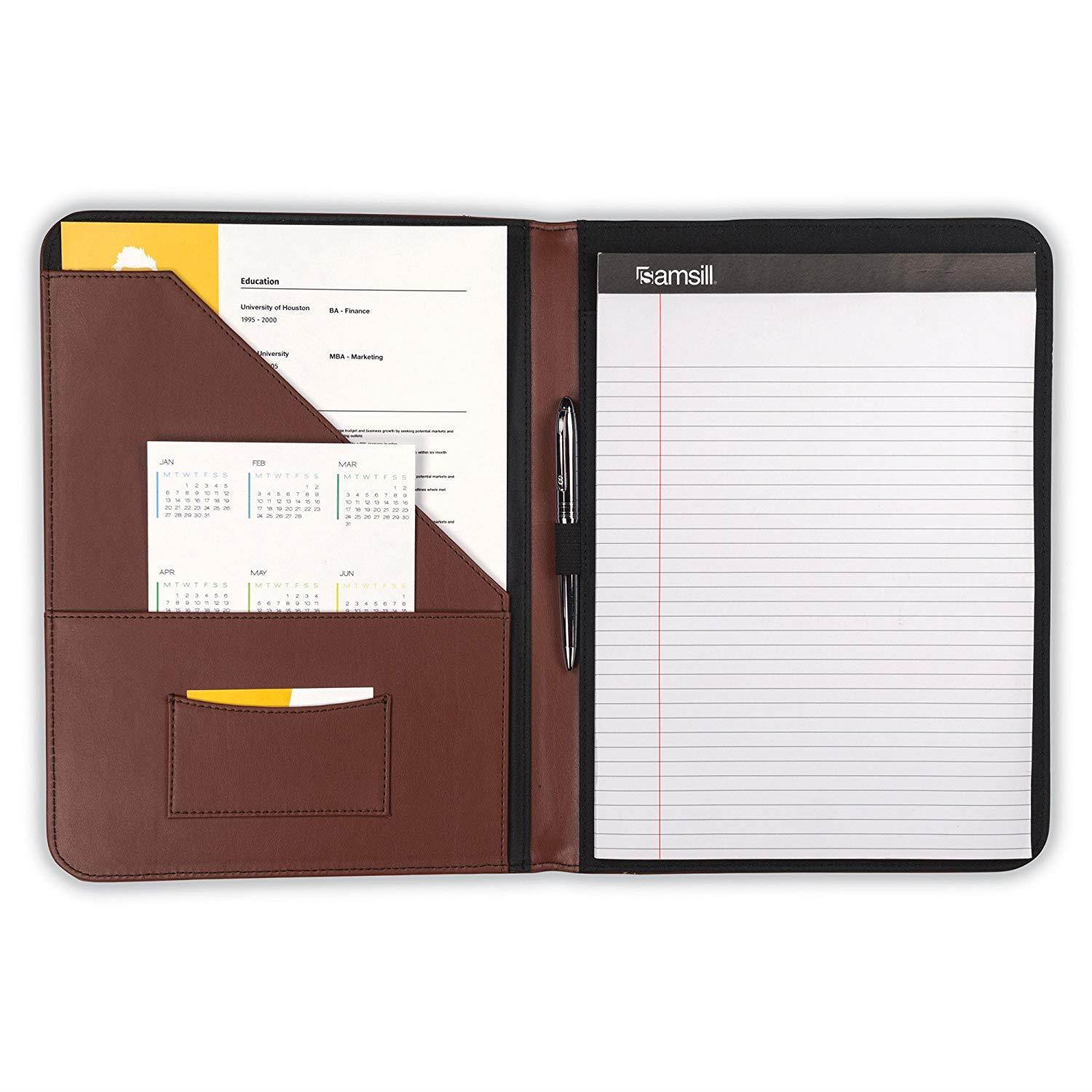 Samsill Contrast Stitch Leather Padfolio &ndash; Portfolio Folder/Business Portfolio for Men & Women &ndash; Resume Document Organizer, 8.5 x 11 Writing Pad, Tan