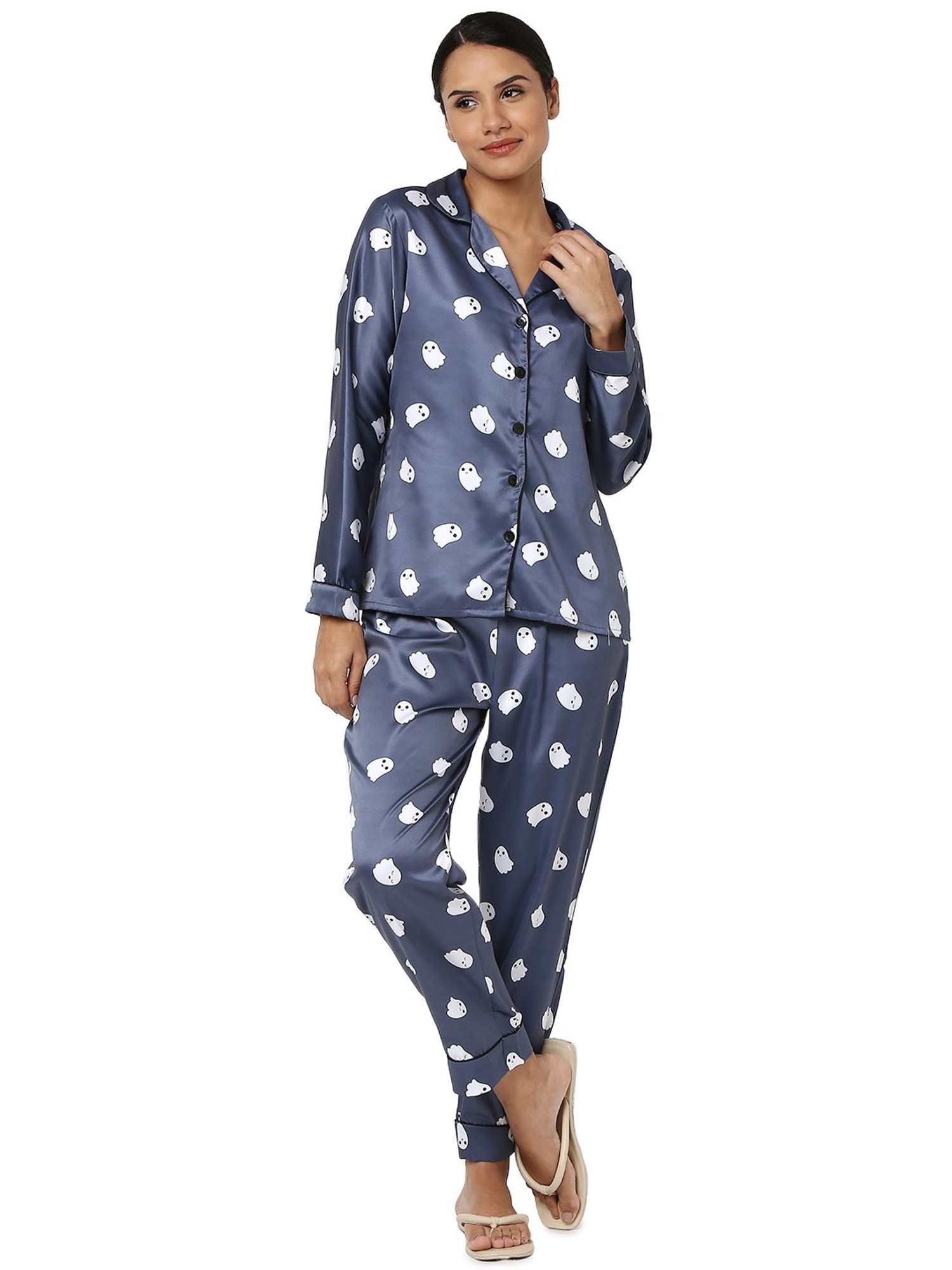 Smarty Pants Navy Satin Print Shirt With Pyjamas