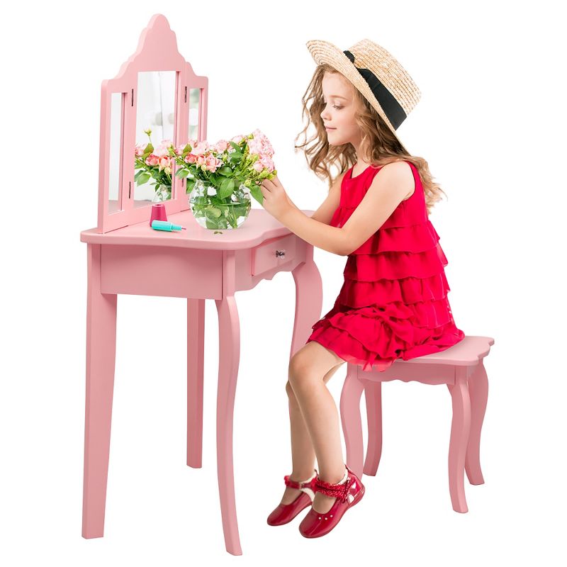 Costway Kids Vanity Table & Stool Princess Dressing Make Up Play Set for Girls Pink