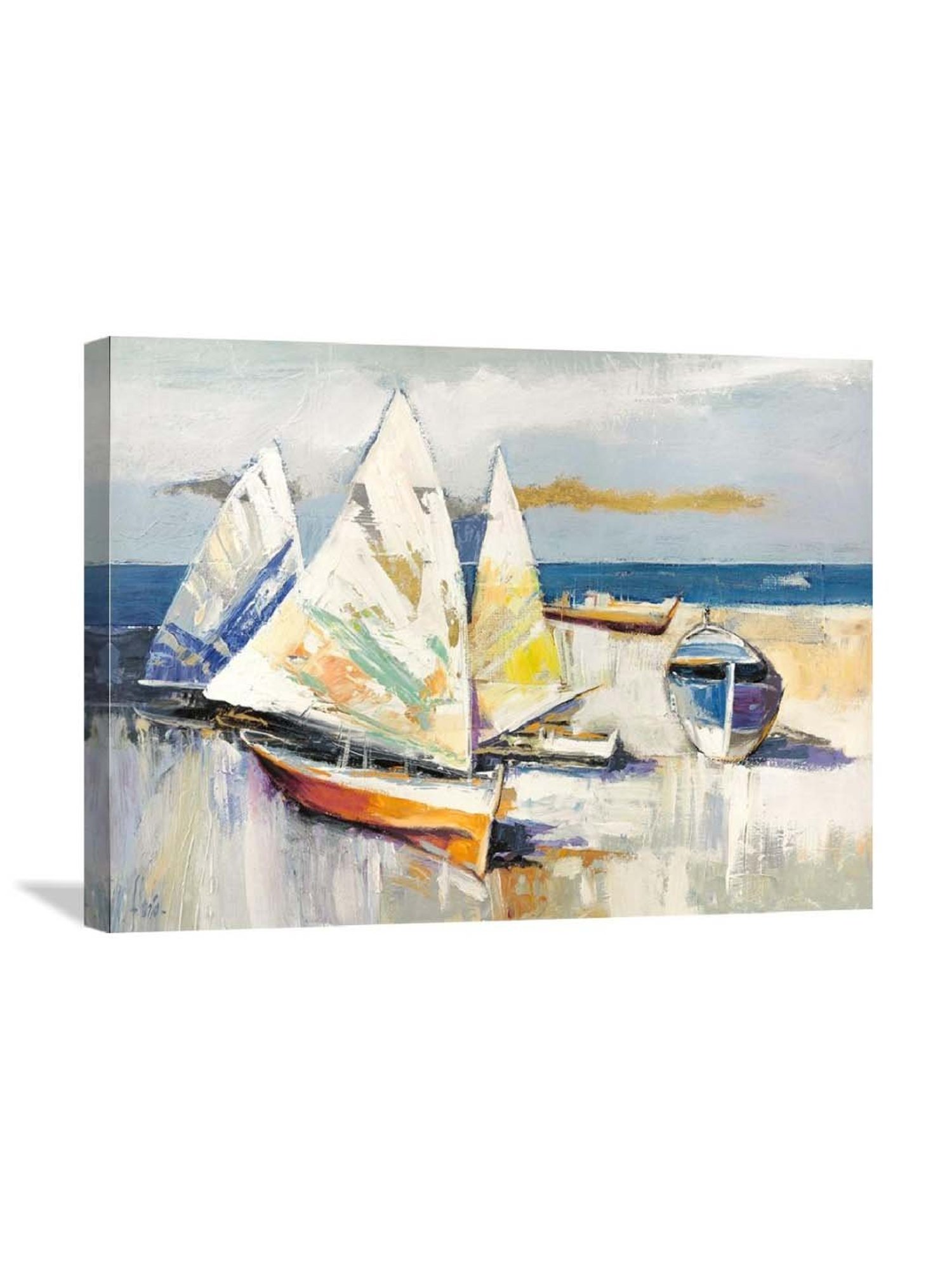 ARTE'VENUE Barche sulla spiaggia Beige & Blue Canvas Wall Art - Set of 1 (14 X 10 inch)