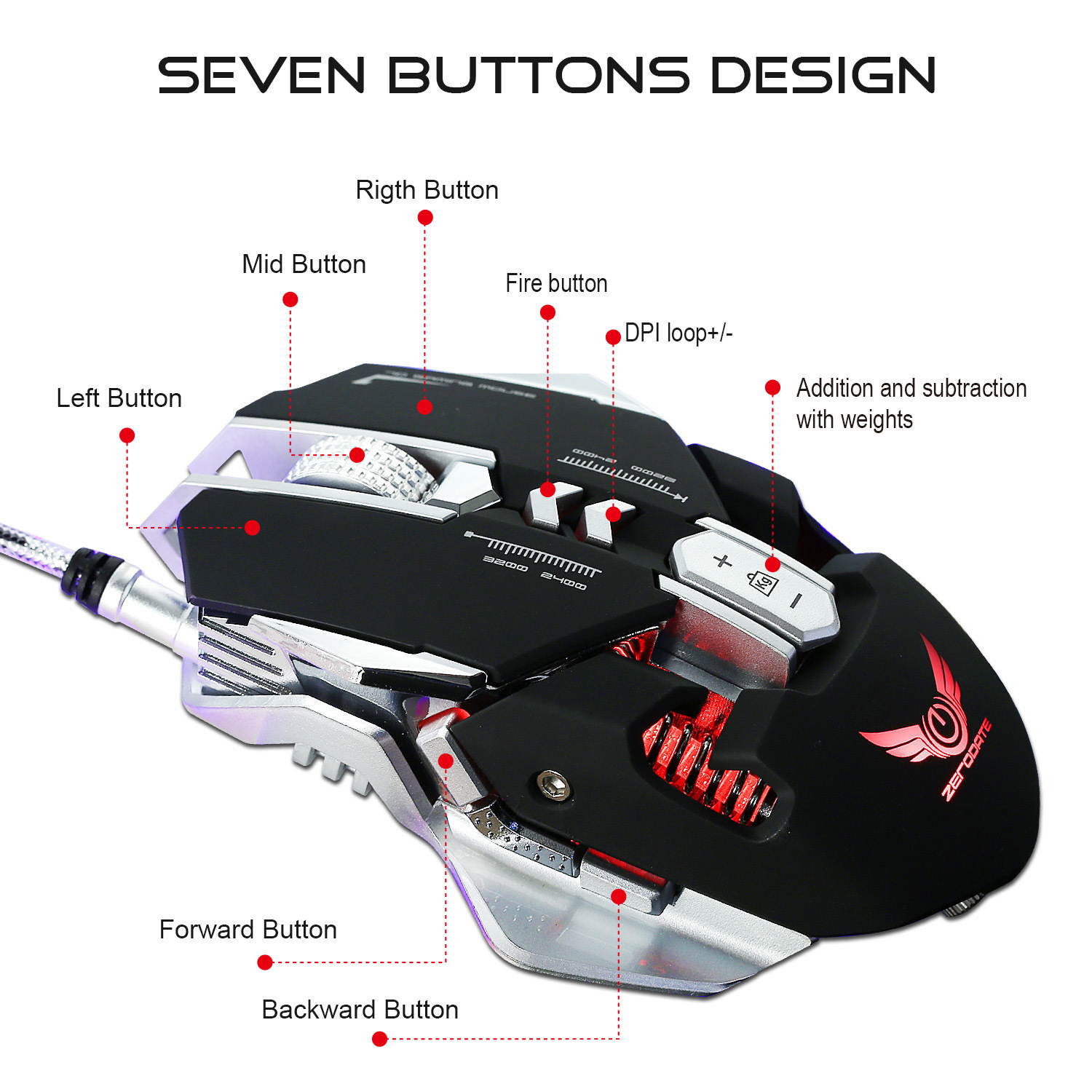 ZERODATE Mechanical Macros Define the Game Mouse,7 Programmable Keys, Cool LED Variable Light Effect, 12-Level Adjustable DPI, Comfortable Grip Ergonomic Optical PC Computer Gaming Mice (Black)