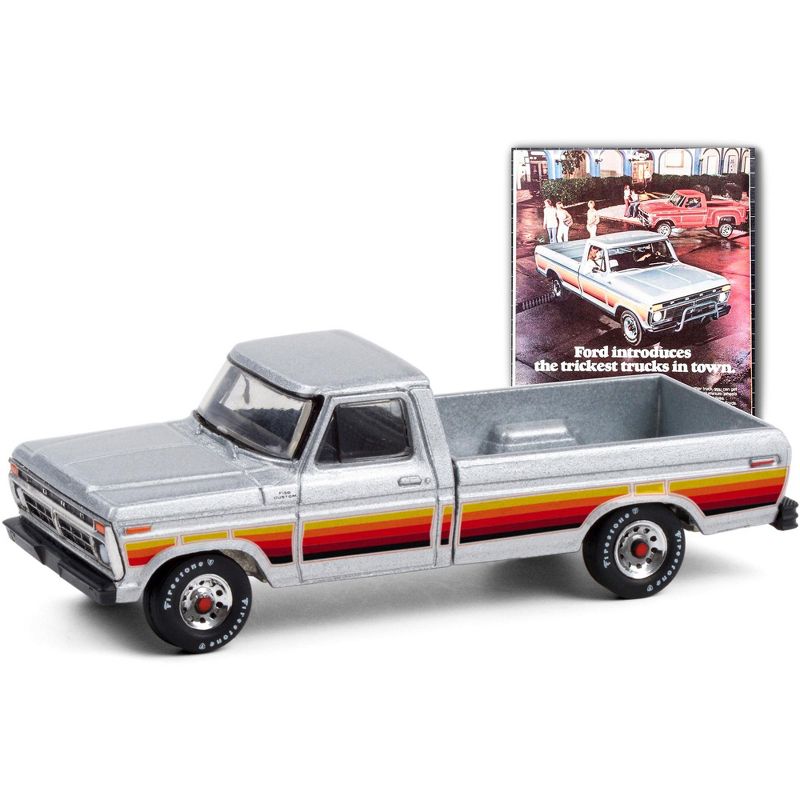 1977 Ford F-150 Pickup Truck Silver with Stripes "Vintage Ad Cars" Series 4 1/64 Diecast Model Car by Greenlight