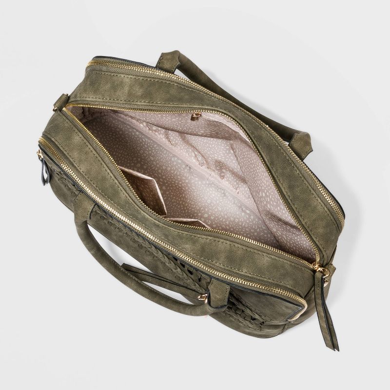 VR NYC Zip Closure Woven Braid Satchel Handbag - Olive Green