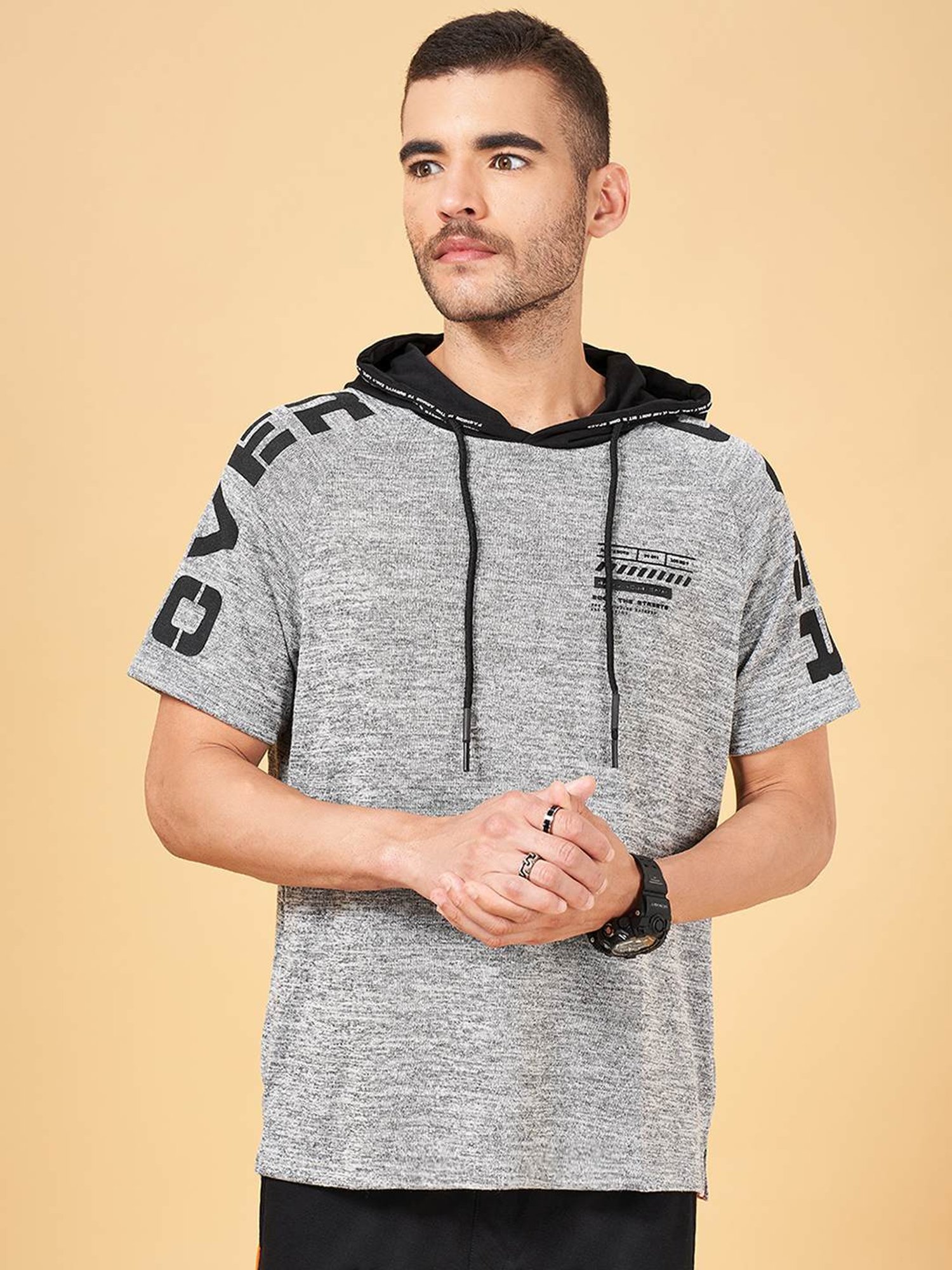 Street 808 by Pantaloons Grey Regular Fit Printed Hooded T-Shirt
