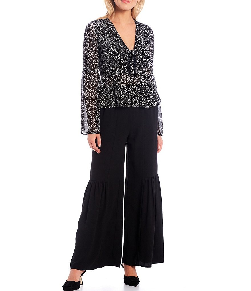 Sugarlips Polka Dot Tie-Front V-Neck Bell Sleeve Babydoll Top