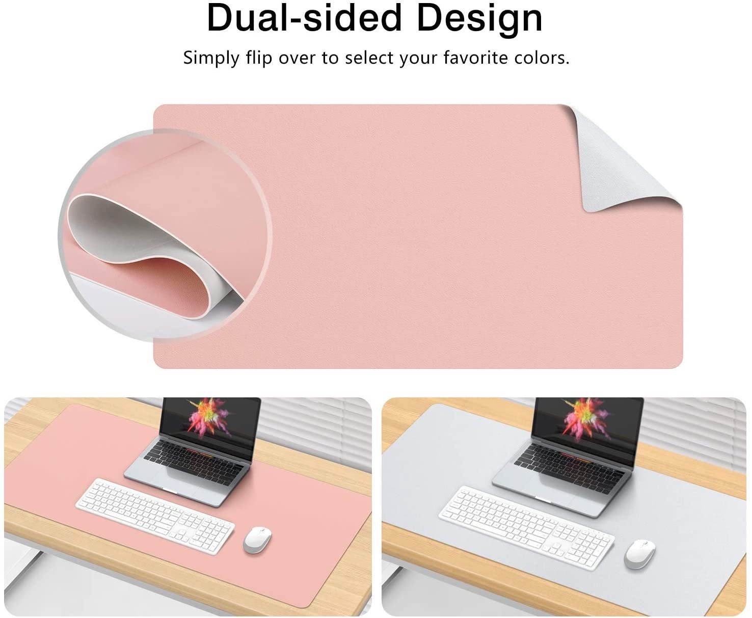 MoKo Computer Desk Mat - PU Large Extended Gaming Mouse Pad, Non-Slip Keyboard Mouse Mat, Waterproof Office Writing Desk Pad Protector, 31.5 x 15.7 x 0.08 Inch - Double Side Light Pink/Silvery Gray
