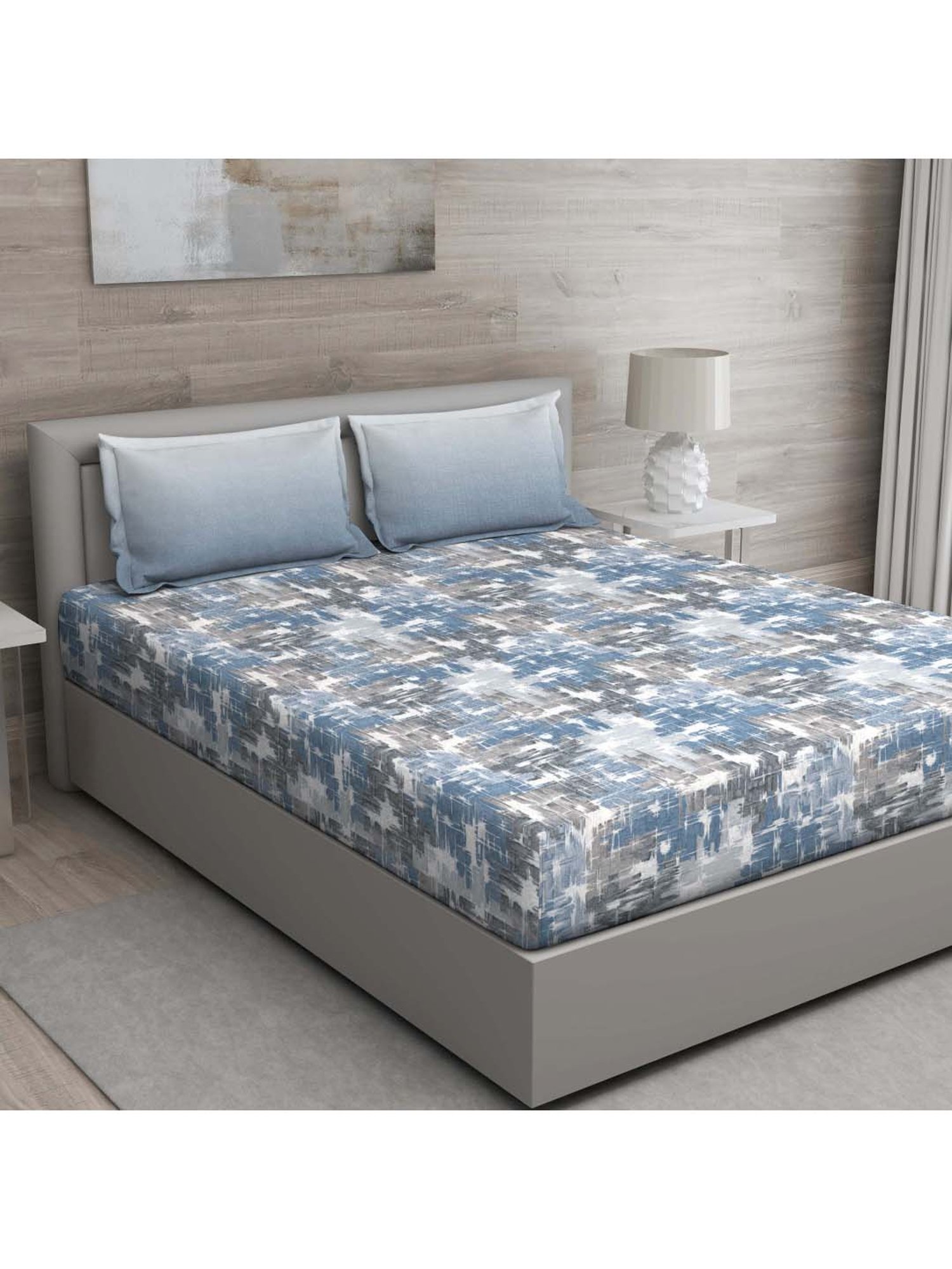 GM Blue & Grey 100% Cotton 144 TC King Bedsheet Set