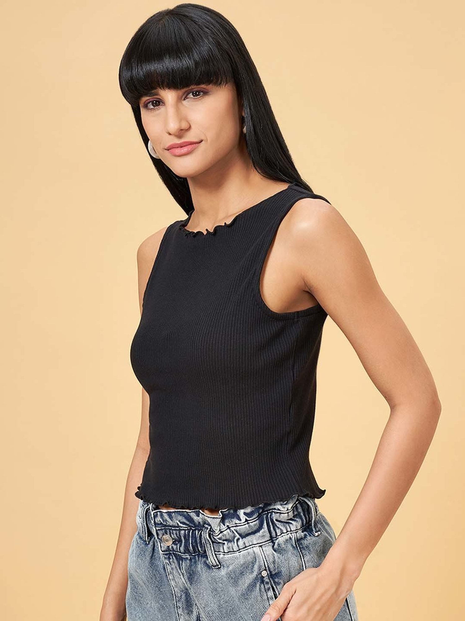 People by Pantaloons Jet Black Striped Top