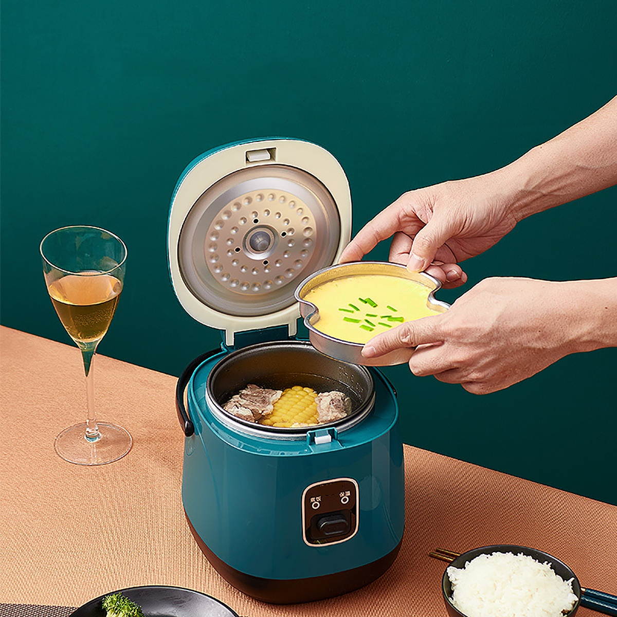 1.2L Rice Cooker Electric Lunch Box Travel Rice Cooker Small Removable Non-stick Pot Keep Warm Function Suitable For 1-2 People For Cooking Soup Rice Stews Grains Oatmeal-Green