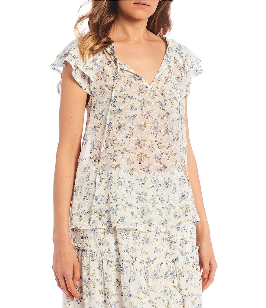 Blu Pepper Coordinating Floral Tie Front Flutter Sleeve Woven Top