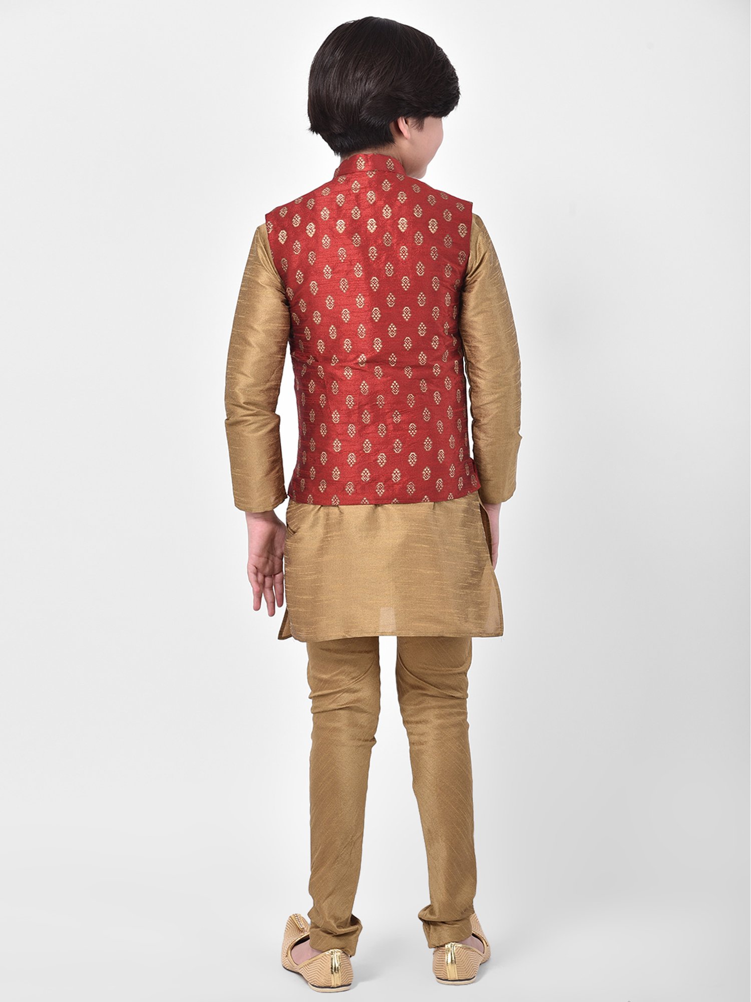 Deyann Kids Brown & Red Self Design Full Sleeves Kurta, Churidar Pants with Nehru Jacket