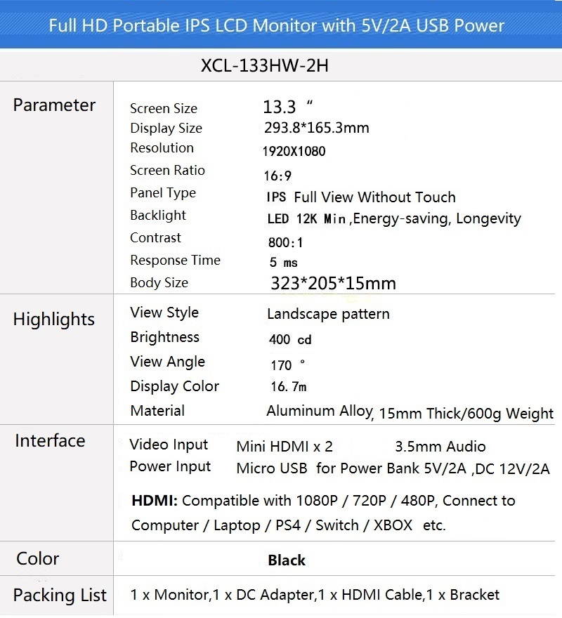 13.3 inch IPS 1920x1080 Full HD Portable Ultrathin 1080p LCD Monitor with HDMI / 3.5mm Audio / Micro USB Ports, DC / Micro 5V 2A Power Supply, 13.3" 1080P Portable Display for PS4 XBOX Switch.
