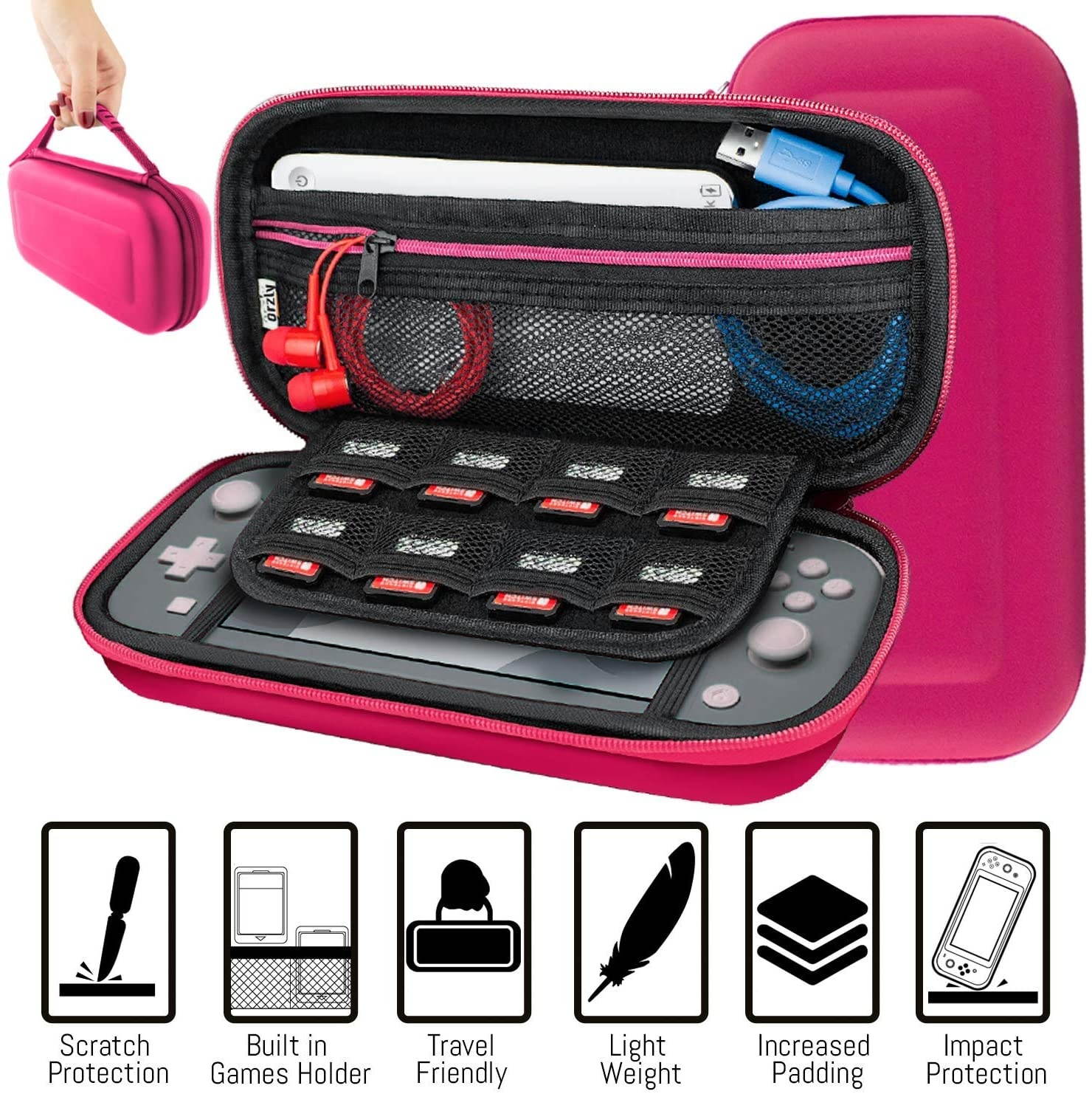 Orzly Accessories Bundle for Switch Lite - Case & Screen Protector for Nintendo Switch Lite Console, USB Cable, Games Holder, Comfort Grip Case, Headphones, Thumb-Grip Pack & More - Pink