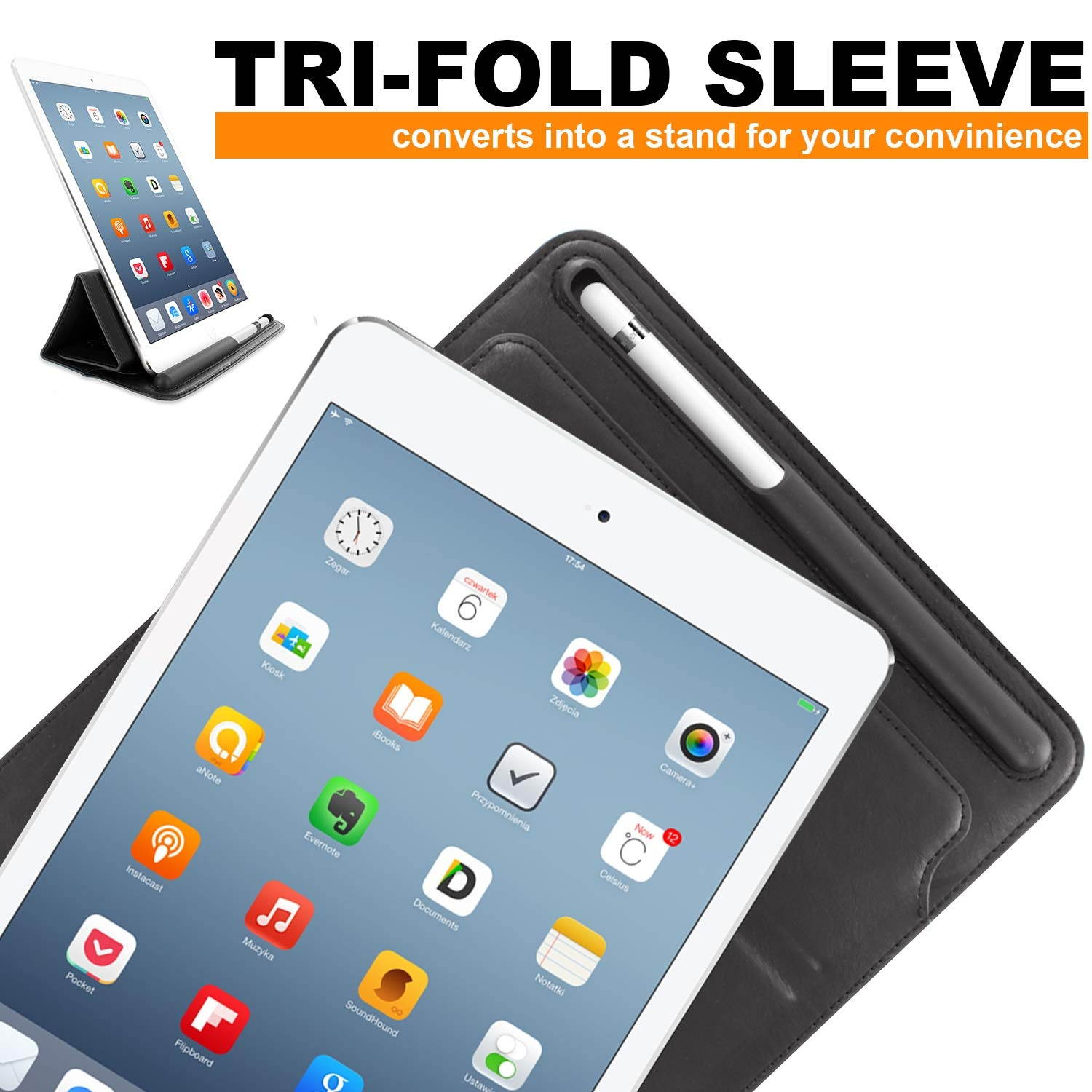 KHOMO iPad 9.7/10.5 Inch Tri-Fold Sleeve Case with Apple Pencil Holder - Black