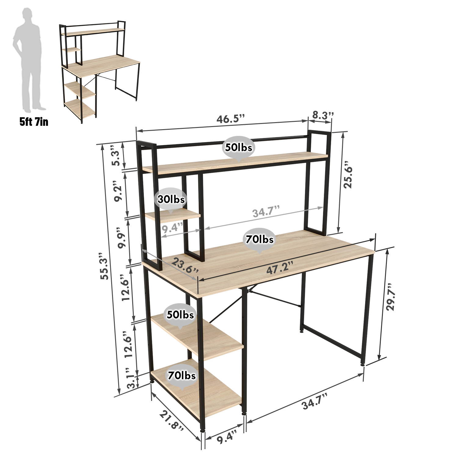Bestier Computer Desk with Hutch and Shelves 47 Inch, Adjustable Storage Bookshelf Home Office Study Working Table Workstation for Small Space and Bedroom, Modern College Student Desks, Oak