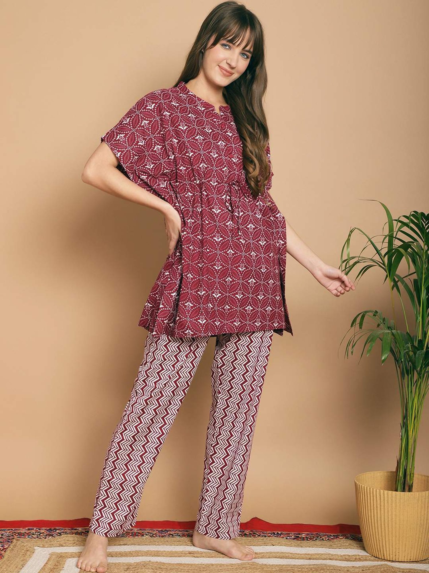 Kanvin Maroon Cotton Printed Tunic Pyjamas Set