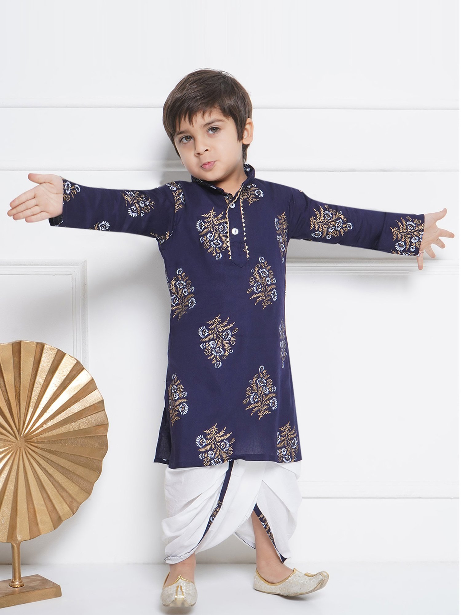 AJ Dezines Kids Navy & White Floral Print Full Sleeves Kurta with Dhoti